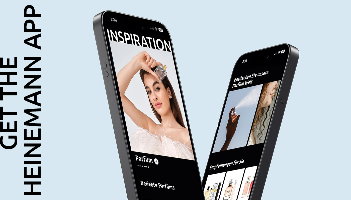 Zwei Smartphones zeigen die Heinemann App mit Parfüm-Inspiration und Empfehlungen