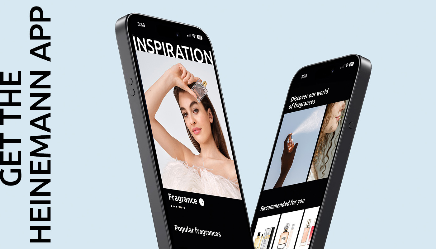 Two smartphones display the Heinemann app with perfume inspiration and recommendations.