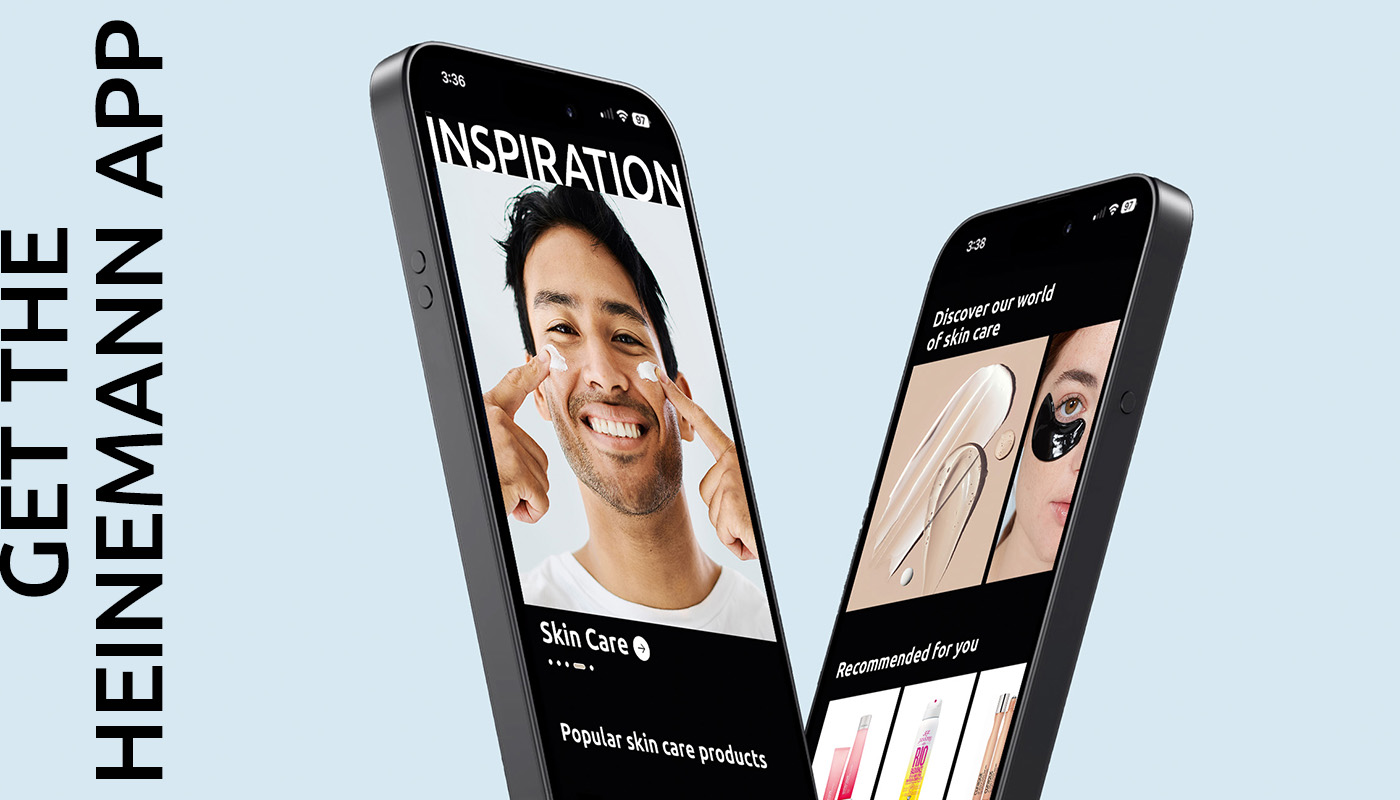 Two smartphones display the Heinemann app with skincare inspiration and product recommendations.
